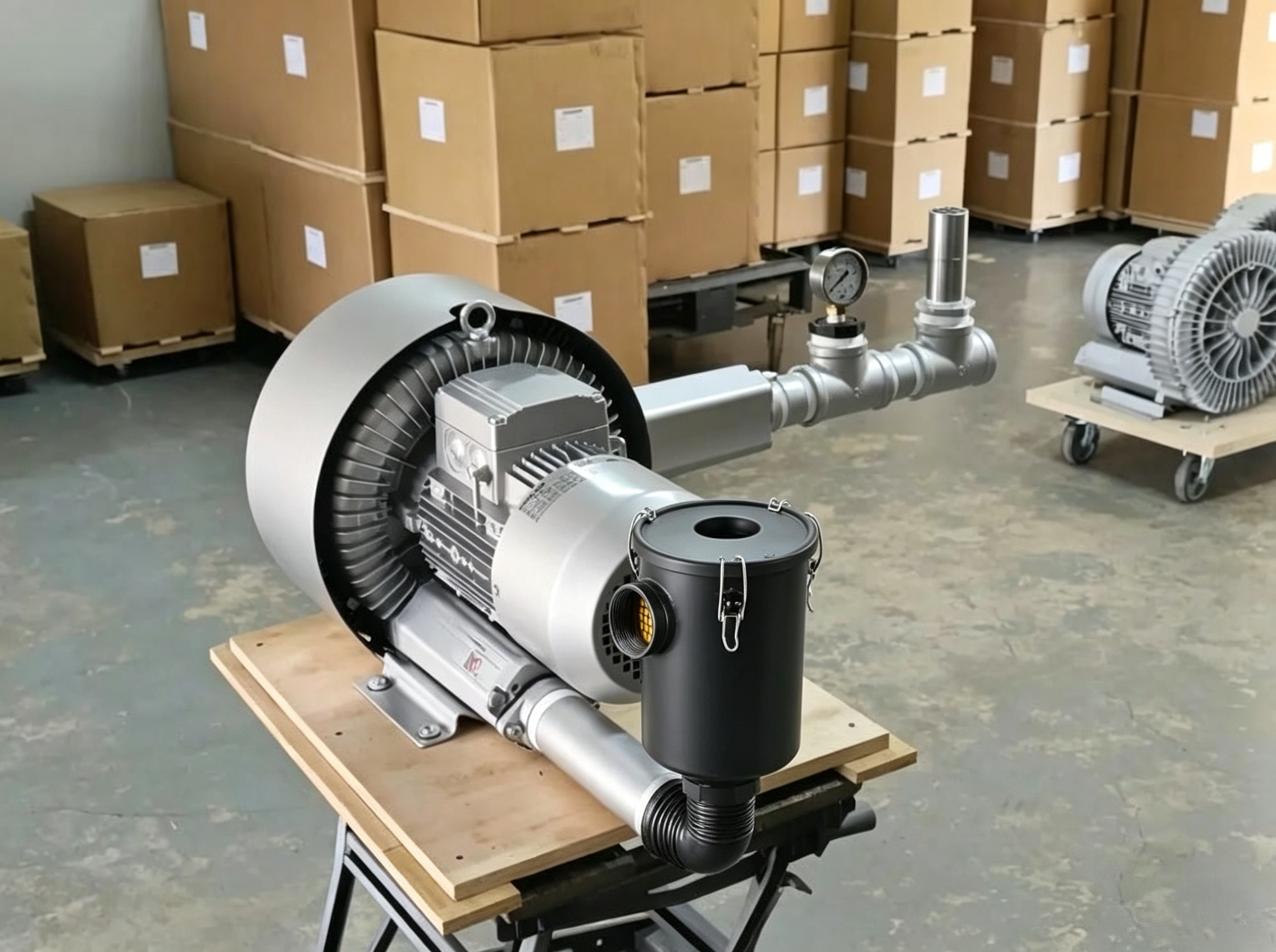 Regenerative side channel blower / ring blower, fully assembled with filter, pressure gauge & silencer.